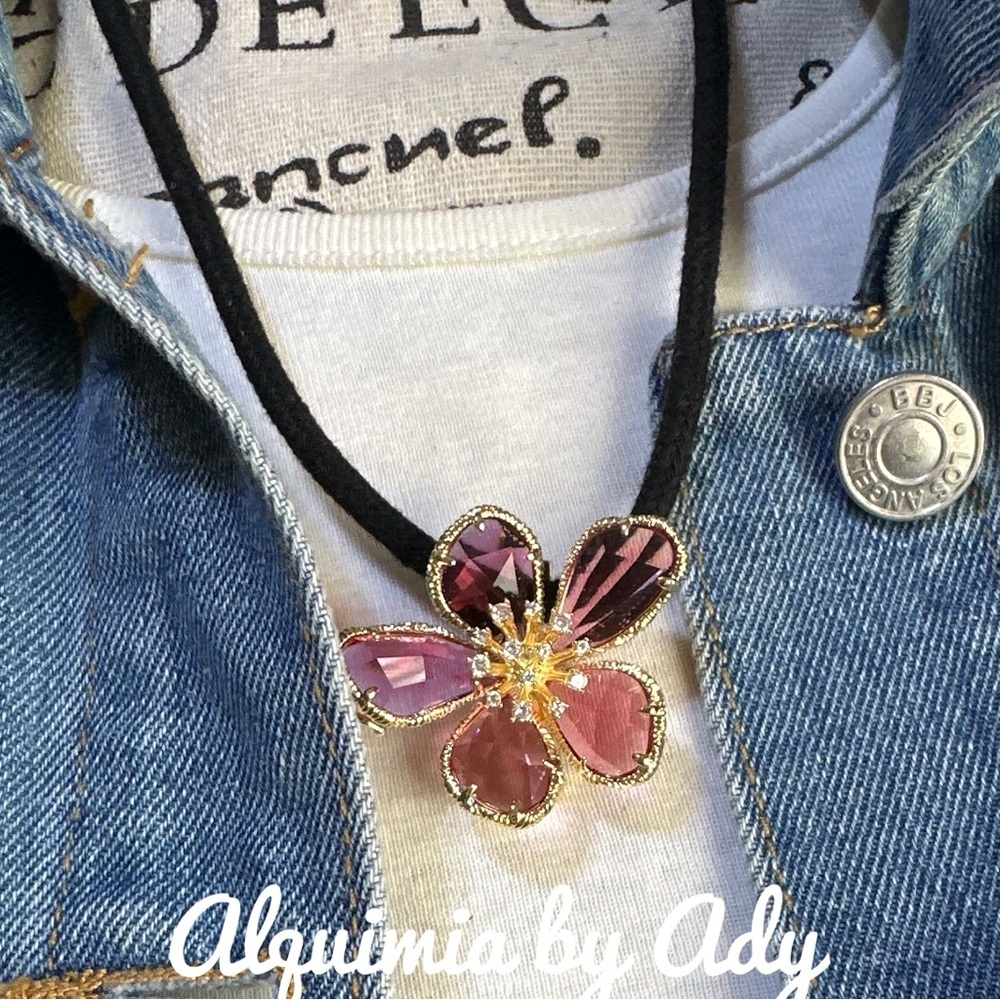FLORAL + TOPAZ COLOR JEWELRY PENDANT + BROOCH GOLD CHOKER NECKLACE